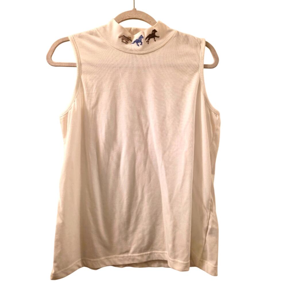 Vtg 90s Running Horse Embroidered Mock Neck White Sleeveless Top Tank Size L